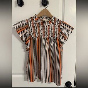 Marie Oliver Boutique Smocked Babydoll Top Blouse Silk Cotton Striped Shirt XXS